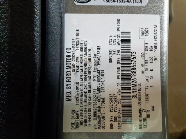 Photo 10 from auction – 2008 LINCOLN MKZ with VIN 3LNHM26T88R657673