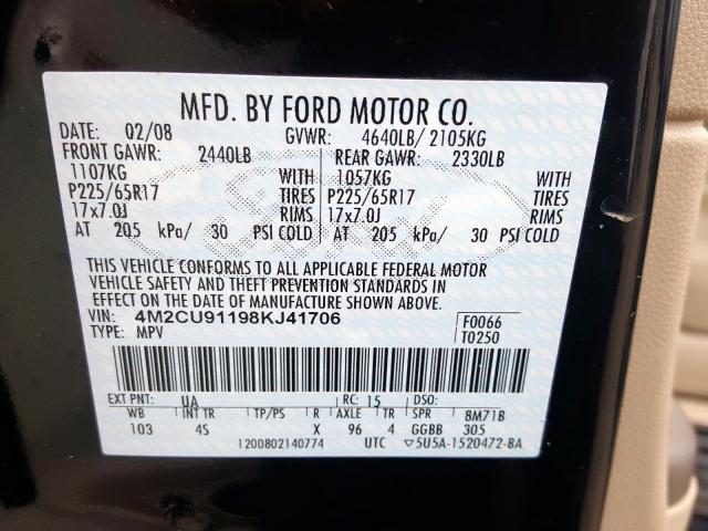 Photo 10 from auction – 2008 MERCURY MARINER with VIN 4M2CU91198KJ41706