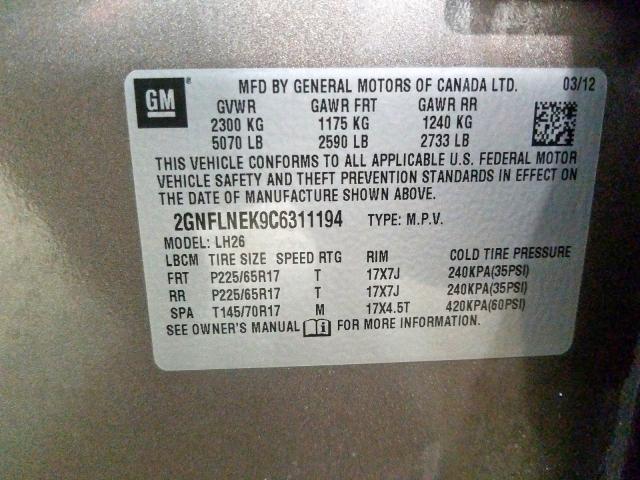Photo 10 from auction – 2012 CHEVROLET EQUINOX LT with VIN 2GNFLNEK9C6311194