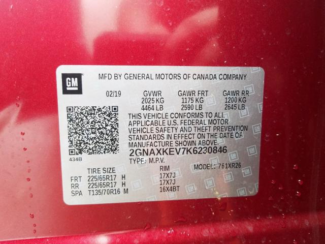 Photo 10 from auction – 2019 CHEVROLET EQUINOX LT with VIN 2GNAXKEV7K6230846