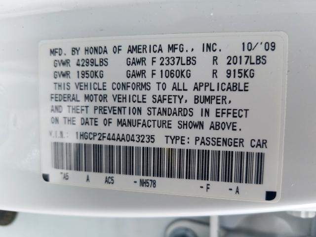 Photo 10 from auction – 2010 HONDA ACCORD LXP with VIN 1HGCP2F44AA043235