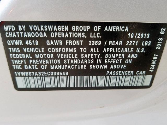 Photo 10 from auction – 2014 VOLKSWAGEN PASSAT SE with VIN 1VWBS7A32EC039549