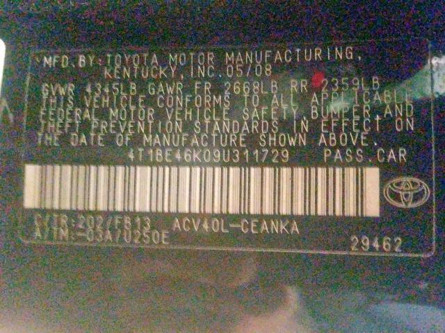 Photo 10 from auction – 2009 TOYOTA CAMRY BASE with VIN 4T1BE46K09U311729
