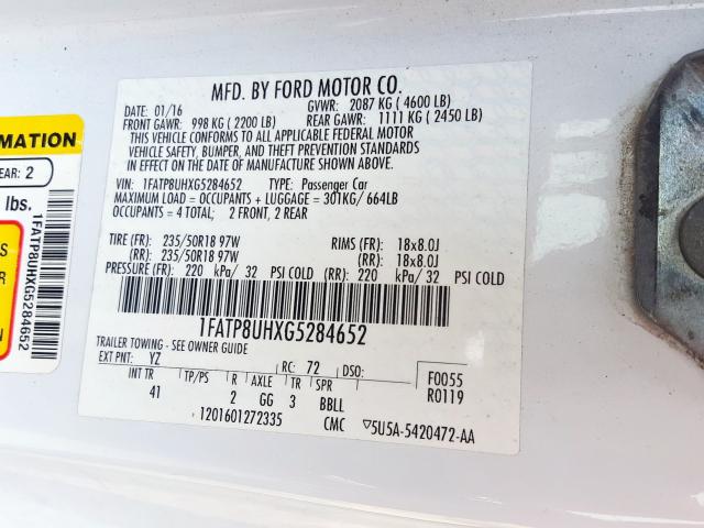 Photo 10 from auction – 2016 FORD MUSTANG with VIN 1FATP8UHXG5284652