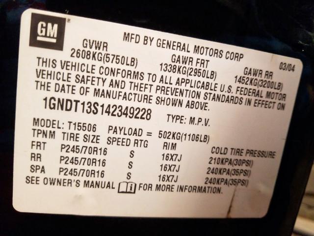 Photo 10 from auction – 2004 CHEVROLET TRAILBLAZE with VIN 1GNDT13S142349228