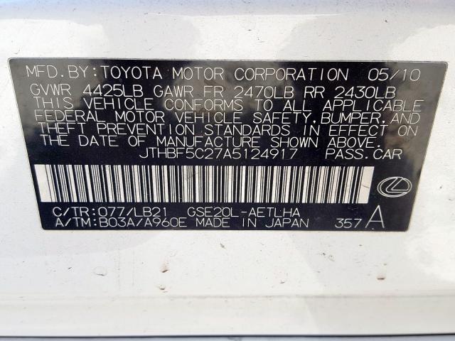 Photo 10 from auction – 2010 LEXUS IS 250 with VIN JTHBF5C27A5124917
