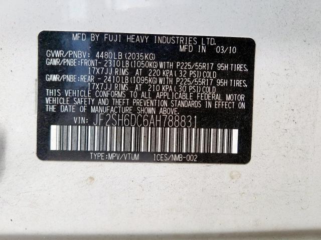 Photo 10 from auction – 2010 SUBARU FORESTER 2 with VIN JF2SH6DC6AH788831