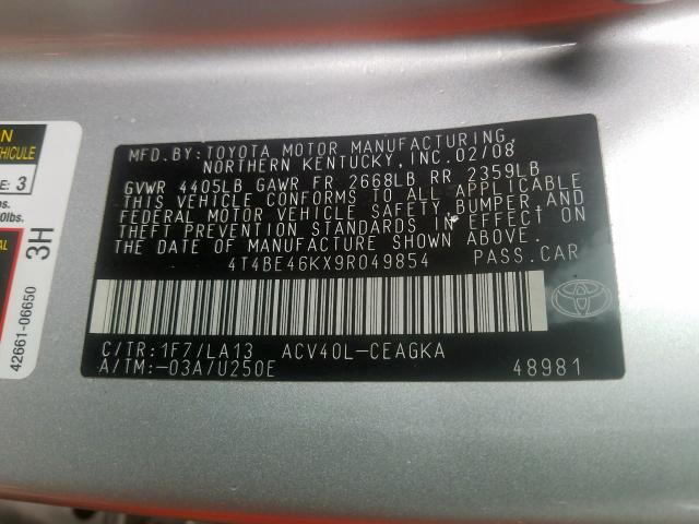 Photo 10 from auction – 2009 TOYOTA CAMRY BASE with VIN 4T4BE46KX9R049854