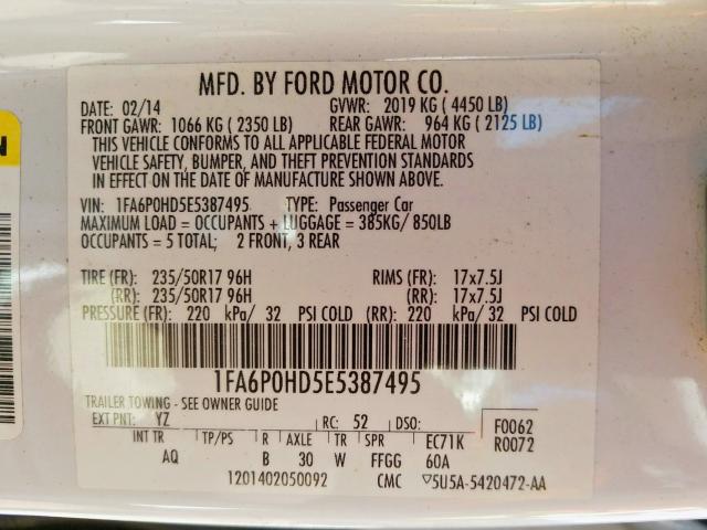 Photo 10 from auction – 2014 FORD FUSION SE with VIN 1FA6P0HD5E5387495