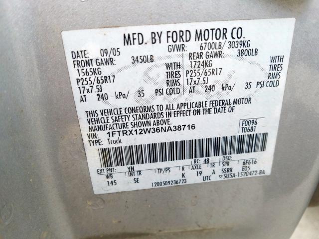 Photo 10 from auction – 2006 FORD F150 with VIN 1FTRX12W36NA38716