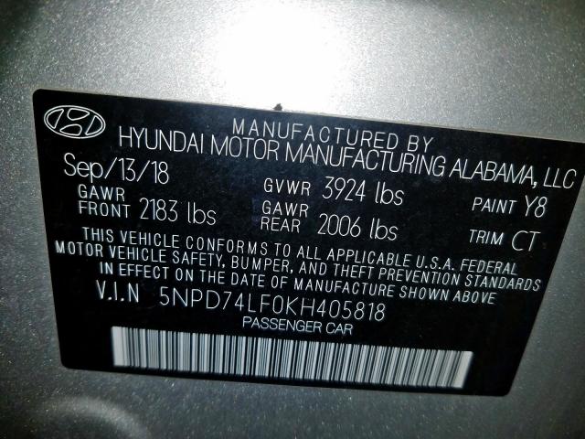 Photo 10 from auction – 2019 HYUNDAI ELANTRA with VIN 5NPD74LF0KH405818
