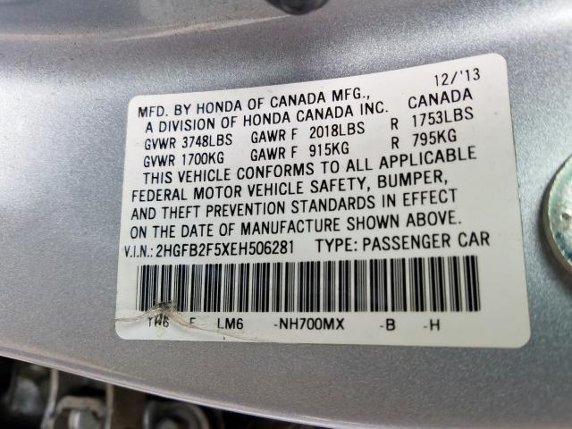 Photo 10 from auction – 2014 HONDA CIVIC LX with VIN 2HGFB2F5XEH506281