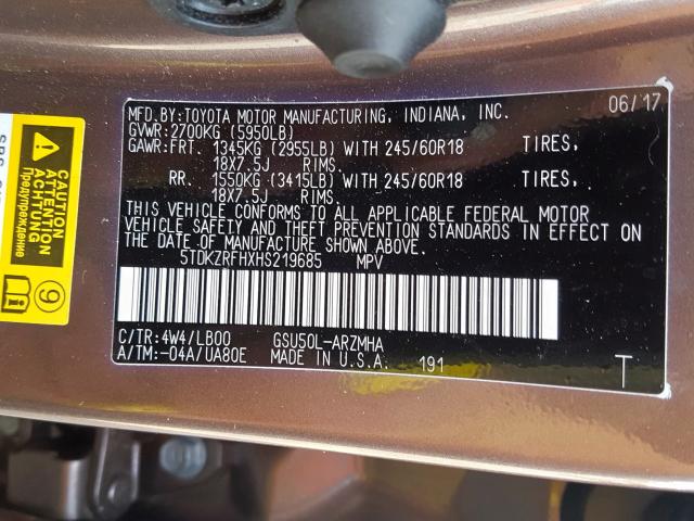 Photo 10 from auction – 2017 TOYOTA HIGHLANDER with VIN 5TDKZRFHXHS219685