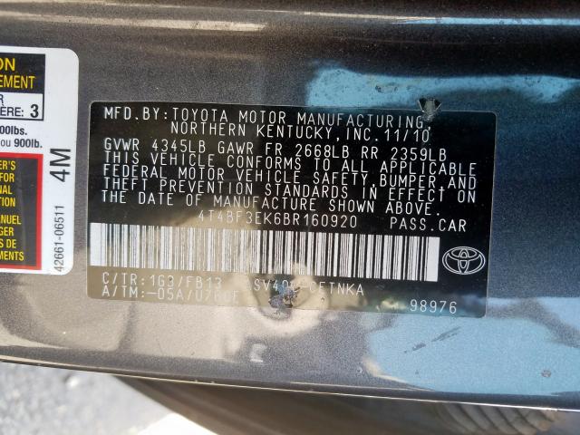Photo 10 from auction – 2011 TOYOTA CAMRY BASE with VIN 4T4BF3EK6BR160920
