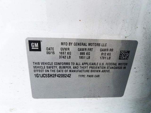 Photo 10 from auction – 2015 CHEVROLET SONIC LT with VIN 1G1JC5SH2F4208242