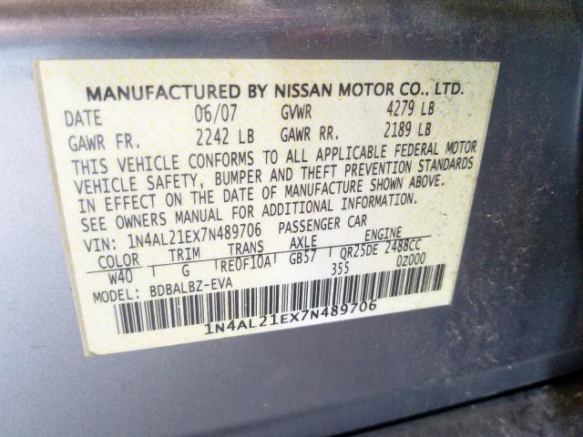 Photo 10 from auction – 2007 NISSAN ALTIMA with VIN 1N4AL21EX7N489706