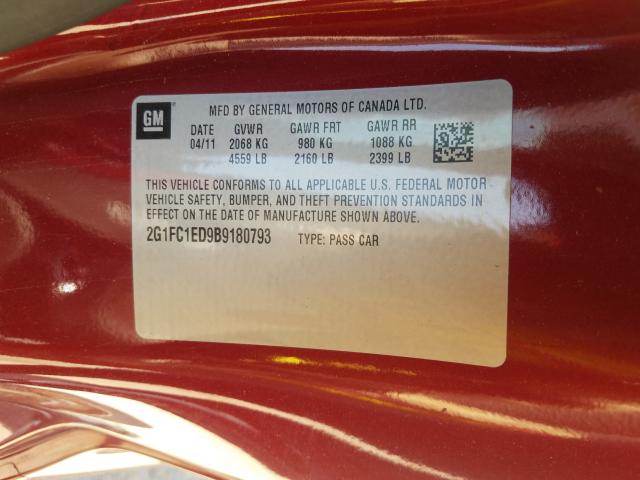 Photo 10 from auction – 2011 CHEVROLET CAMARO LT with VIN 2G1FC1ED9B9180793