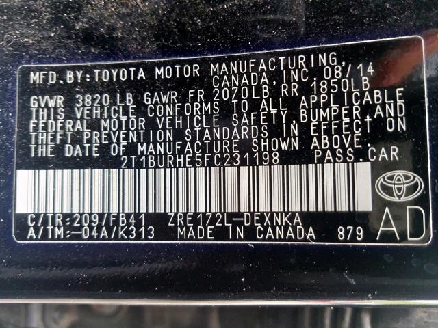 Photo 10 from auction – 2015 TOYOTA COROLLA L with VIN 2T1BURHE5FC231198
