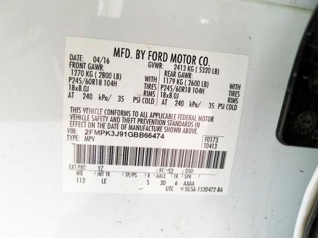 Photo 10 from auction – 2016 FORD EDGE SEL with VIN 2FMPK3J91GBB66474