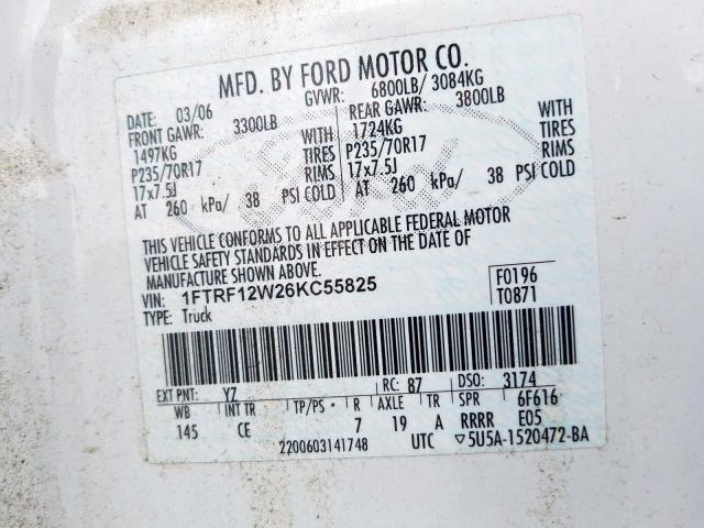 Photo 10 from auction – 2006 FORD F150 with VIN 1FTRF12W26KC55825