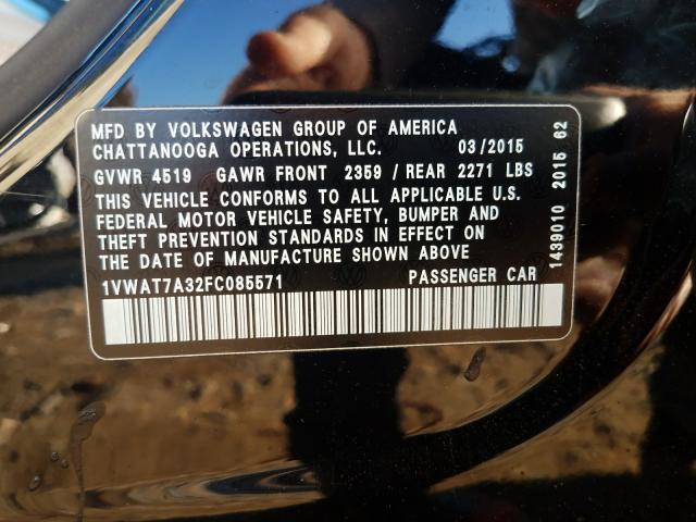 Photo 10 from auction – 2015 VOLKSWAGEN PASSAT S with VIN 1VWAT7A32FC085571