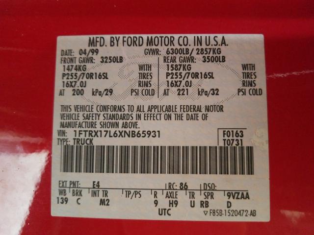 Photo 10 from auction – 1999 FORD F150 with VIN 1FTRX17L6XNB65931