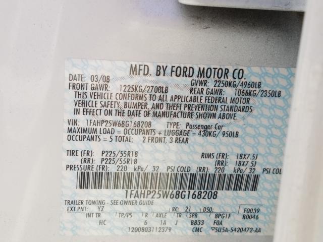 Photo 10 from auction – 2008 FORD TAURUS LIM with VIN 1FAHP25W68G168208