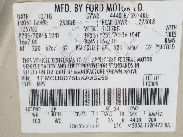 Photo 10 from auction – 2011 FORD ESCAPE XLT with VIN 1FMCU0D75BKA53255
