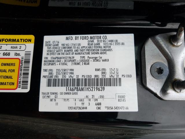 Photo 10 from auction – 2017 FORD MUSTANG with VIN 1FA6P8AM1H5219639