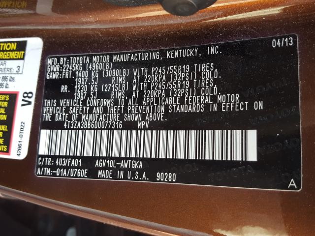 Photo 10 from auction – 2013 TOYOTA VENZA LE with VIN 4T3ZA3BB6DU077316