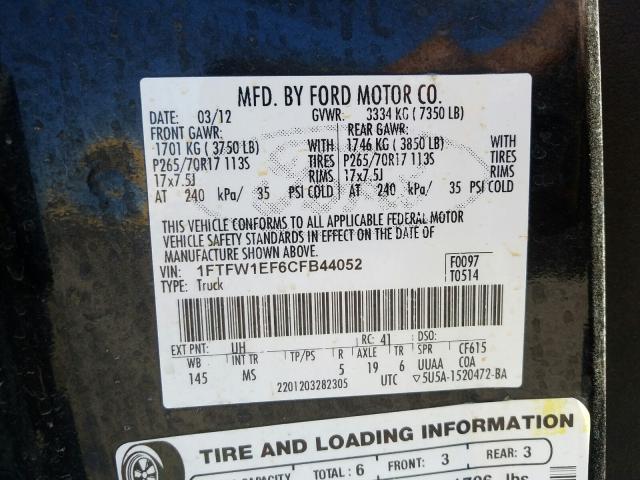 Photo 10 from auction – 2012 FORD F150 SUPER with VIN 1FTFW1EF6CFB44052