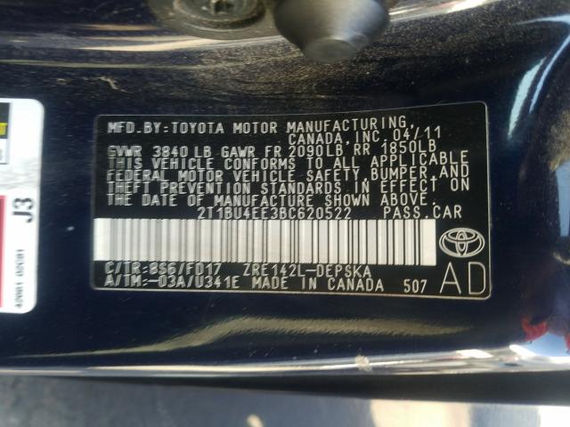 Photo 10 from auction – 2011 TOYOTA COROLLA BA with VIN 2T1BU4EE3BC620522