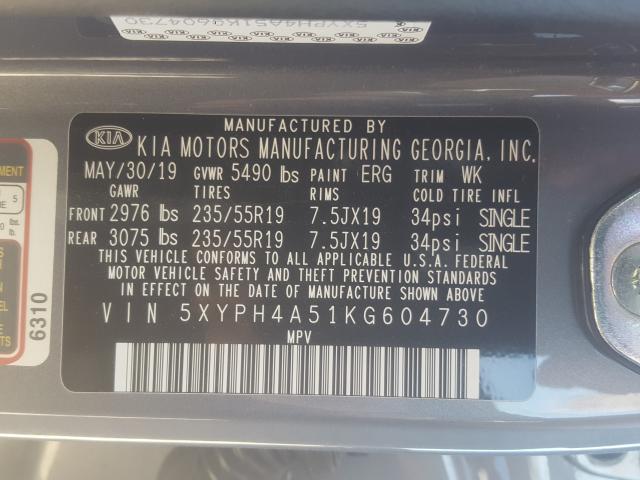 Photo 10 from auction – 2019 KIA SORENTO EX with VIN 5XYPH4A51KG604730