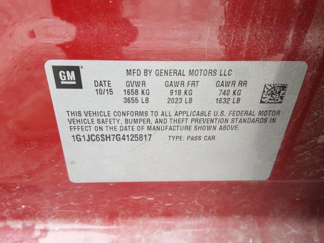 Photo 10 from auction – 2016 CHEVROLET SONIC LT with VIN 1G1JC6SH7G4125817