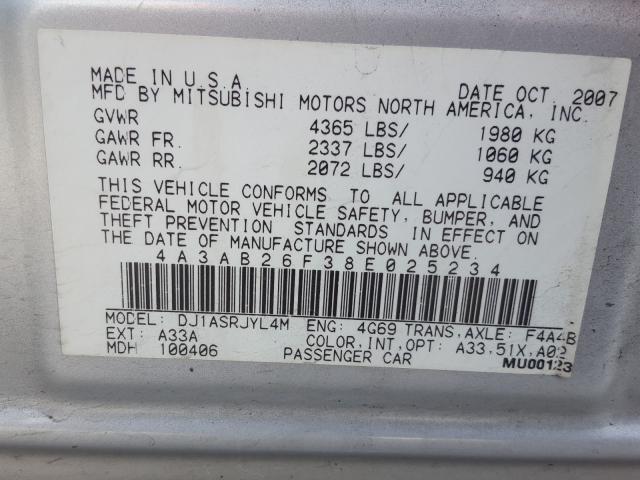 Photo 10 from auction – 2008 MITSUBISHI GALANT DE with VIN 4A3AB26F38E025234