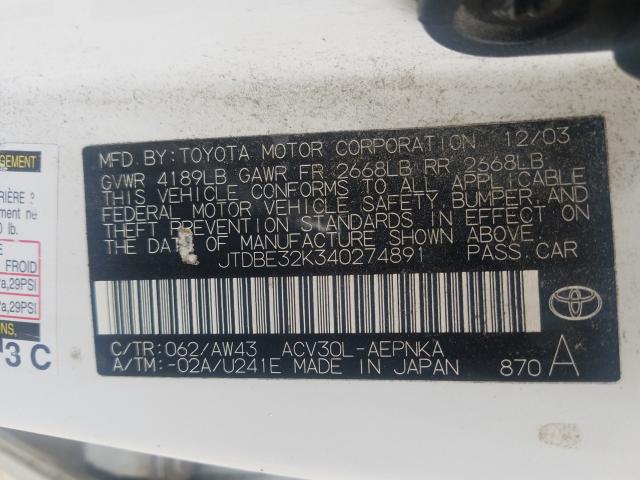 Photo 10 from auction – 2004 TOYOTA CAMRY LE with VIN JTDBE32K340274891