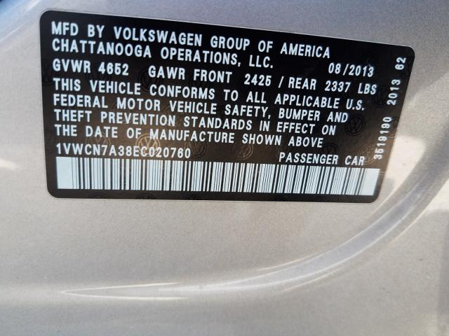 Photo 10 from auction – 2014 VOLKSWAGEN PASSAT SEL with VIN 1VWCN7A38EC020760