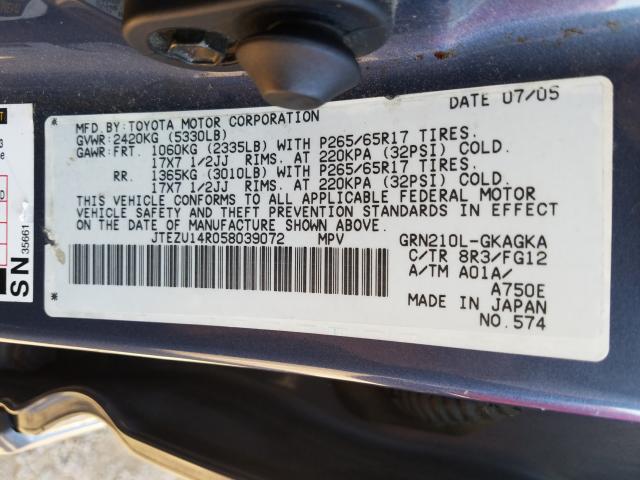 Photo 10 from auction – 2005 TOYOTA 4RUNNER SR with VIN JTEZU14R058039072
