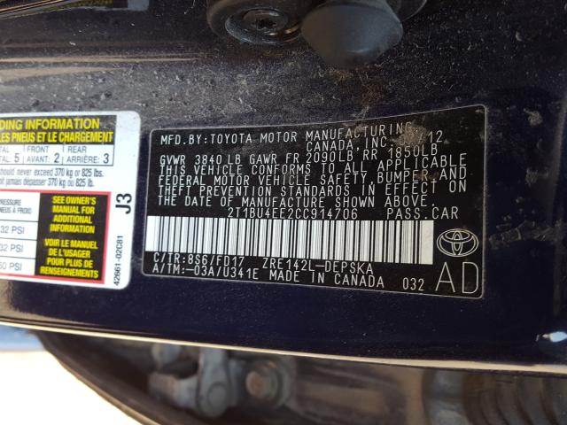 Photo 10 from auction – 2012 TOYOTA COROLLA BA with VIN 2T1BU4EE2CC914706