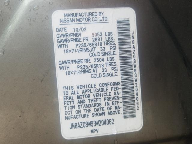 Photo 10 from auction – 2003 NISSAN MURANO SL with VIN JN8AZ08W93W204062