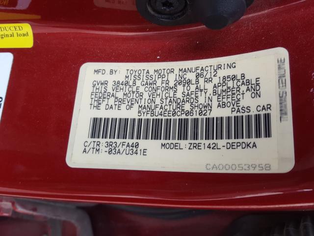 Photo 10 from auction – 2012 TOYOTA COROLLA BA with VIN 5YFBU4EE0CP061027