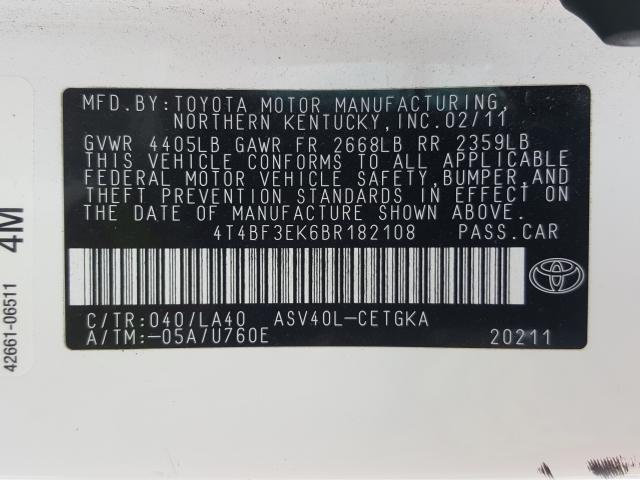 Photo 10 from auction – 2011 TOYOTA CAMRY BASE with VIN 4T4BF3EK6BR182108