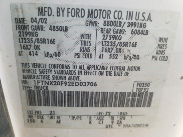 Photo 10 from auction – 2002 FORD F250 SUPER with VIN 1FTNX20F92ED03706