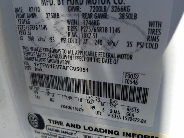Photo 10 from auction – 2010 FORD F150 SUPER with VIN 1FTFW1EV7AFC95051