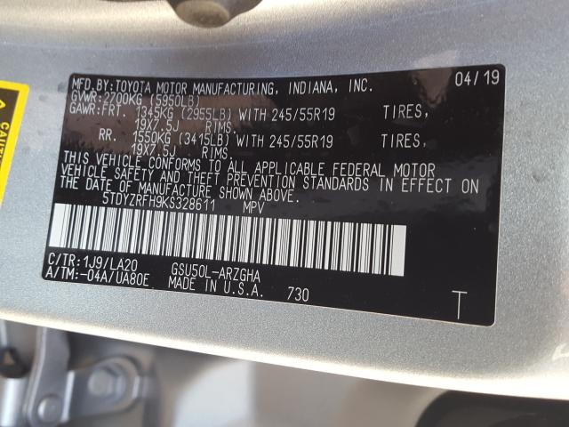 Photo 10 from auction – 2019 TOYOTA HIGHLANDER with VIN 5TDYZRFH9KS328611
