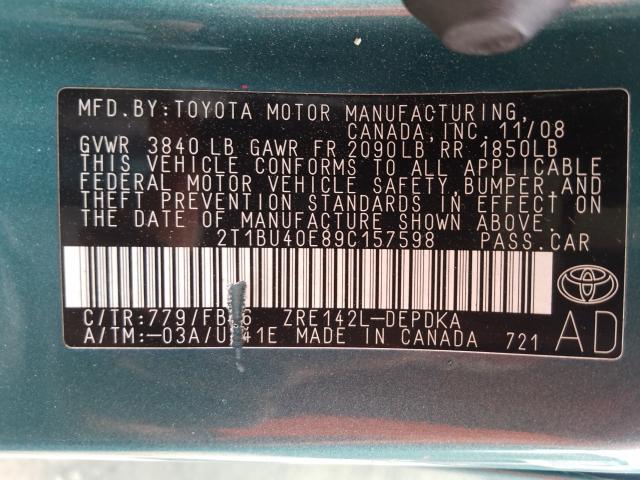 Photo 10 from auction – 2009 TOYOTA COROLLA BA with VIN 2T1BU40E89C157598