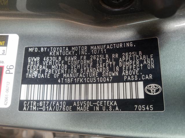 Photo 10 from auction – 2012 TOYOTA CAMRY BASE with VIN 4T1BF1FK1CU510047