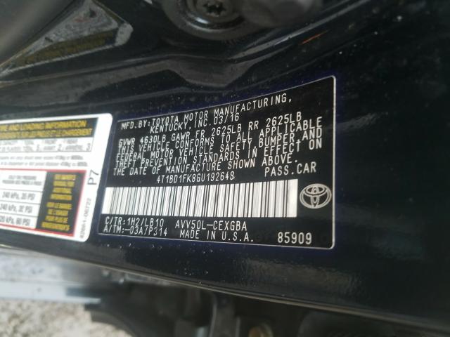 Photo 10 from auction – 2016 TOYOTA CAMRY HYBR with VIN 4T1BD1FK8GU192648