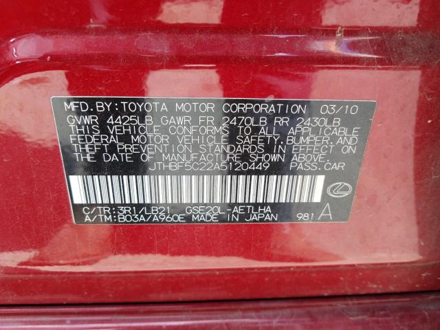 Photo 10 from auction – 2010 LEXUS IS 250 with VIN JTHBF5C22A5120449