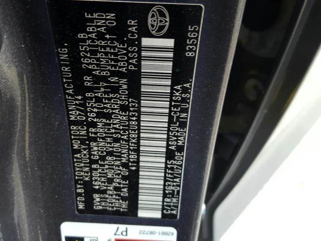 Photo 10 from auction – 2014 TOYOTA CAMRY L with VIN 4T1BF1FK8EU843137